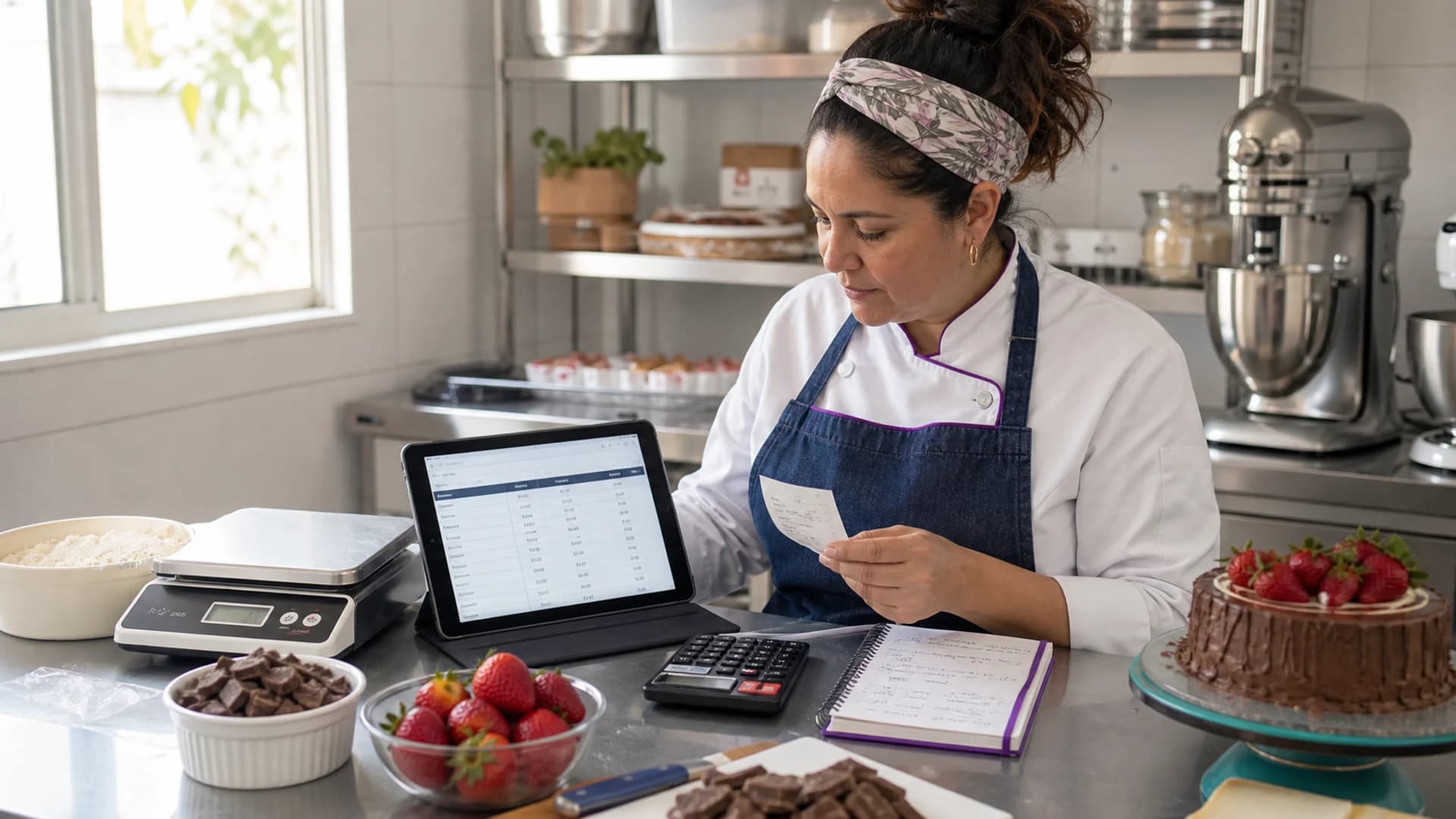 Empreendedora de confeitaria conferindo custos e compras